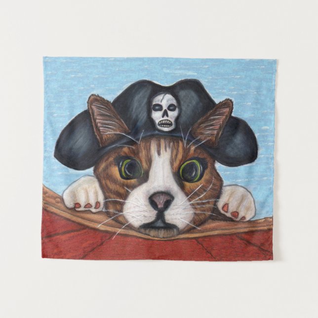 Tenture Chat à l'air mignon en bateau Casquette pirate noi (Devant (Horizontal))