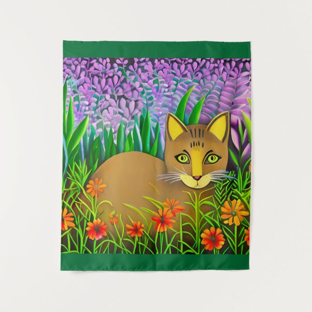 Tenture Chat à l'oeil vert dans un jardin fleuri (Devant)