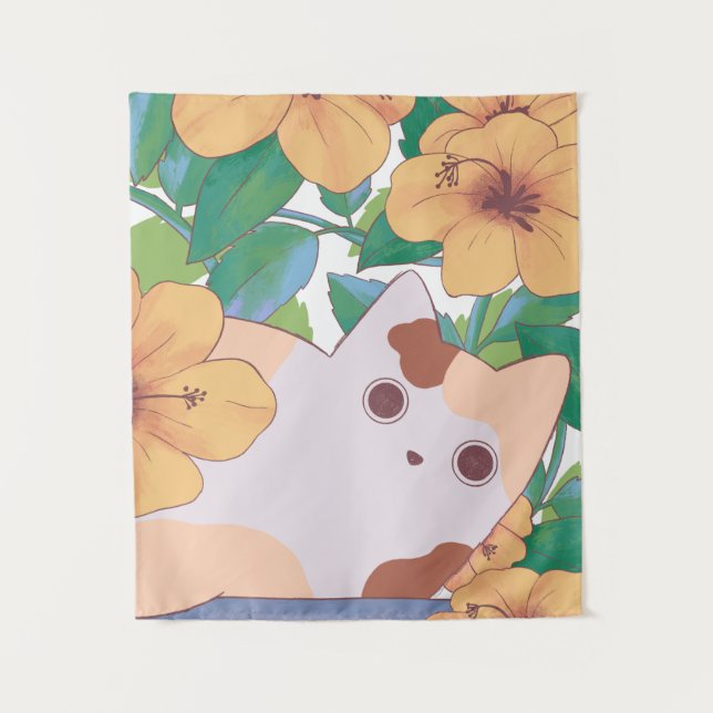 Tenture Chat adorable avec des fleurs (Devant)
