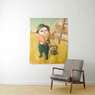 Tenture Chat adorable avec Hen à la ferme