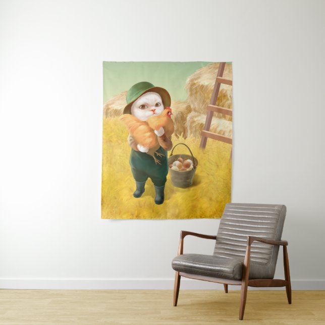 Tenture Chat adorable avec Hen à la ferme (En situation)