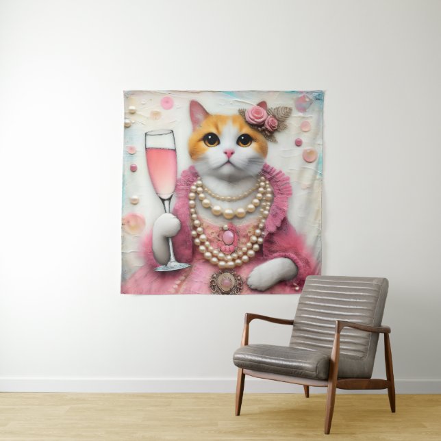 Tenture Chat Adorable Robe Rose Avec Perles avec Boisson (En situation)