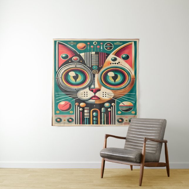 Tenture Chat Circuit Rétro Futuriste Milieu de Siècle (En situation)