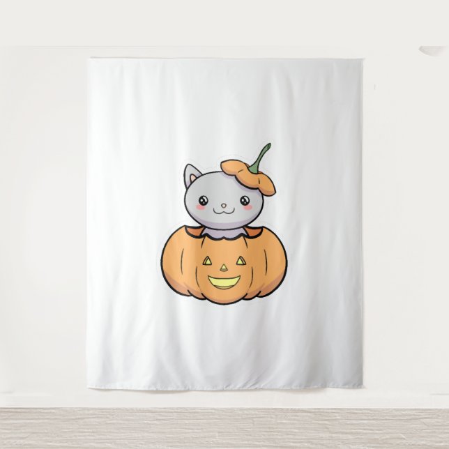 Tenture Chat Citrouille d'Halloween (Devant)