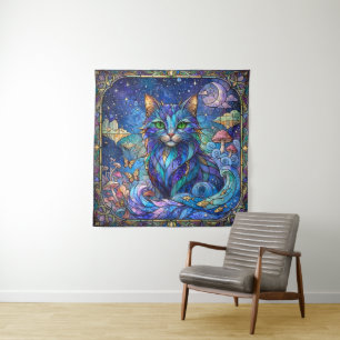Tenture Chat Cosmique Vitrail Surréaliste Yeux Bleus Verts