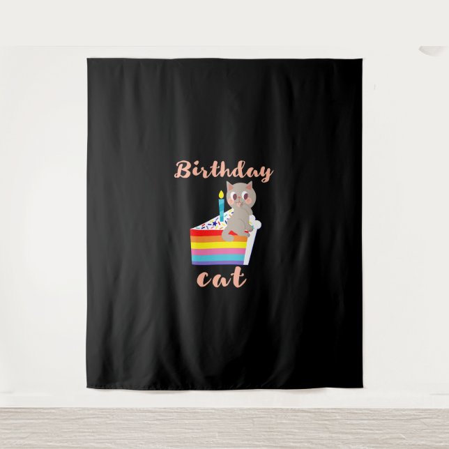 Tenture Chat d'anniversaire - chat gris kawaii d'anniversa (Devant)