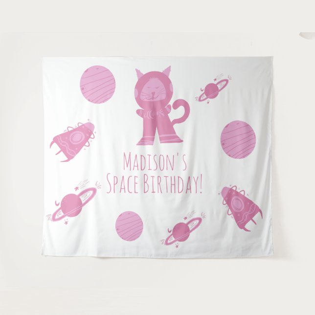 Tenture Chat de l'espace Rose Galaxie Anniversaire     (Devant (Horizontal))