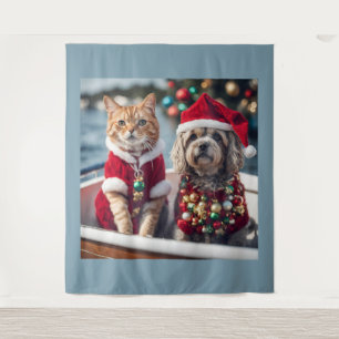 Tenture Chat de Noël et Chien de plaisance Vintage