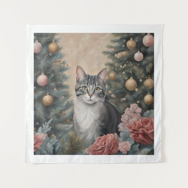 Tenture Chat de Noël mignon au milieu des fleurs et des ar (Devant)