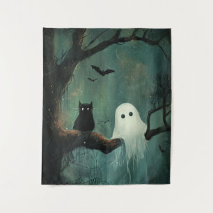 Tenture Chat d'Halloween et fantôme