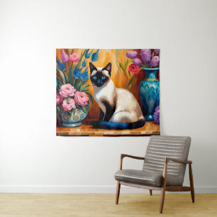 Tenture Chat et bouquets siamois dans Vases aquarelle