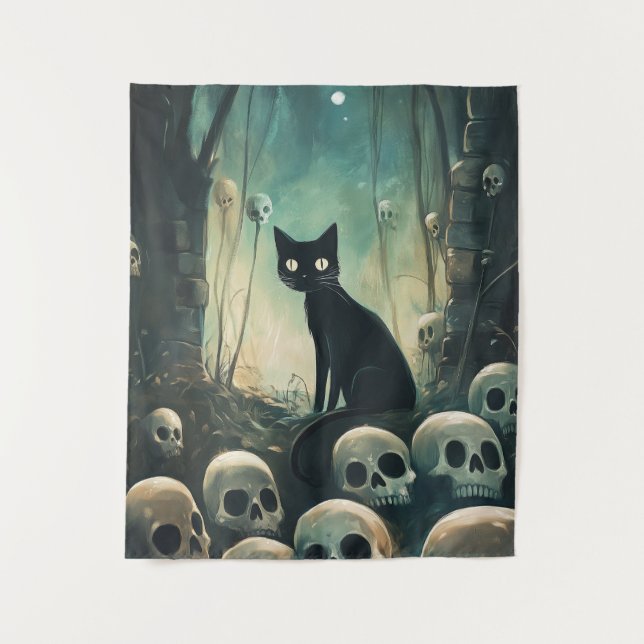 Tenture Chat et crâne d'Halloween (Devant)