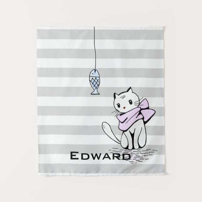 Tenture Chat et poisson blanc testé (Devant)