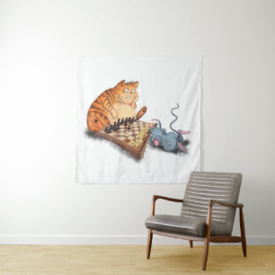 Tenture Chat et Souris Jouant aux Échecs Dessin Animé Drôl