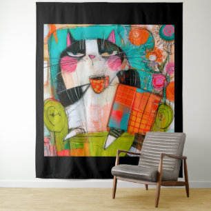 Tenture Chat grincheux buvant du café dans un fauteuil