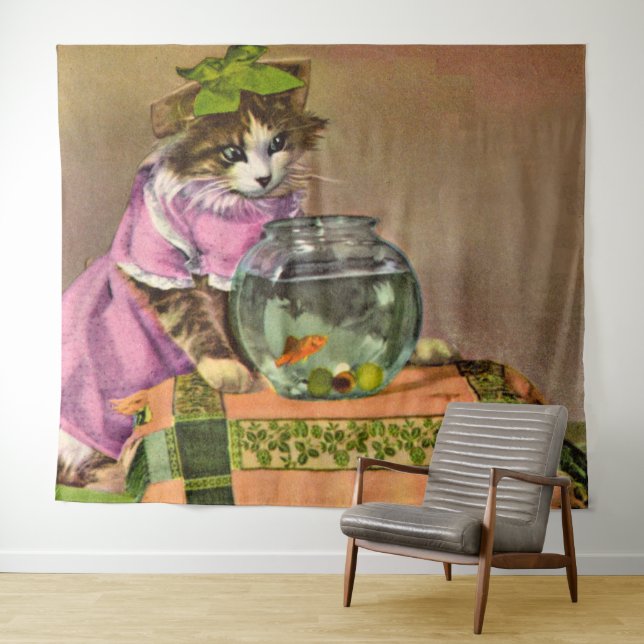 Tenture chat habillé et bol de poisson (En situation (horizontale))