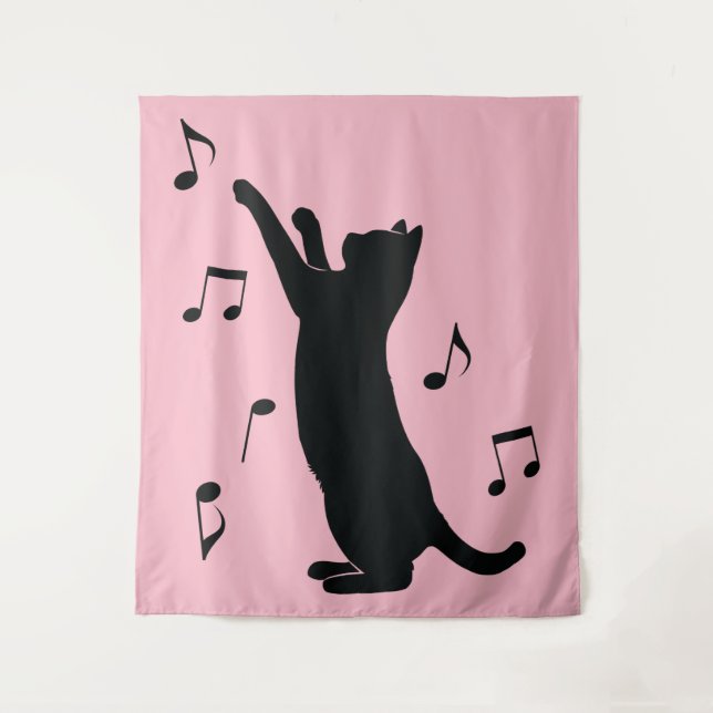 Tenture Chat jouant avec les notes musicales en silhouette (Devant)