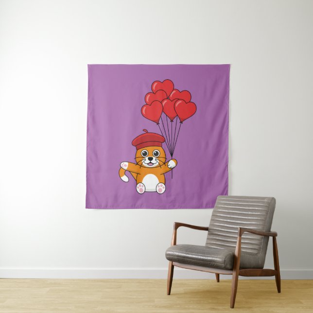 Tenture Chat mignon avec Ballons de Coeur Rouge (En situation)