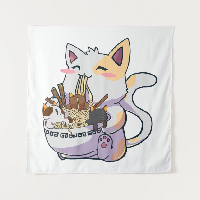 Tenture Chat Neko Mignon Avec Bol De Nouilles Ramen Anime  (Devant)