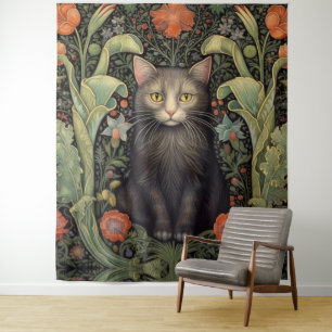 Tenture Chat noir Art nouveau et fleurs rouges