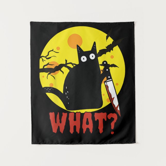 Tenture Chat noir avec couteau sanglant dire What_ Drôle M (Devant)