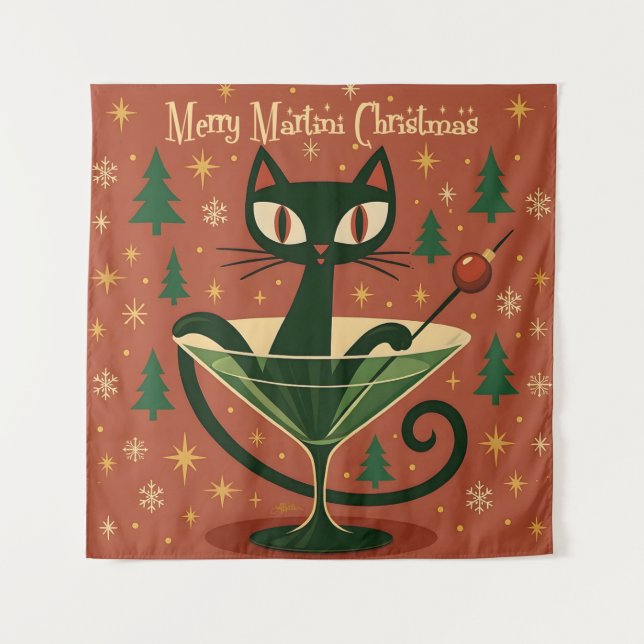 Tenture Chat Noir de Noël du Martini Joyeux Milieu de Sièc (Devant)