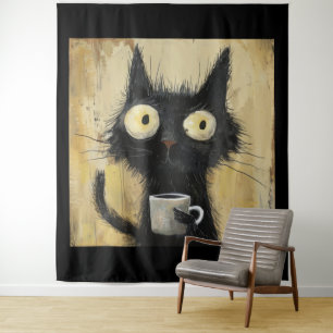 Tenture Chat noir énervé avec café sur fond brun grunge