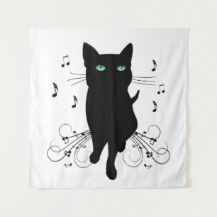 Tenture Chat noir entouré de notes de musique chuchotantes