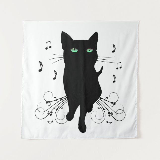 Tenture Chat noir entouré de notes de musique chuchotantes (Devant)