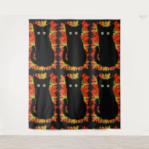 Tenture Chat noir, Feuilles d'automne motif, Halloween amu