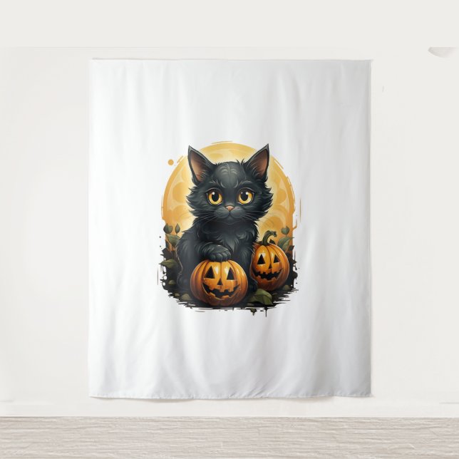 Tenture Chat noir Halloween Citrouille - Chat (Devant)