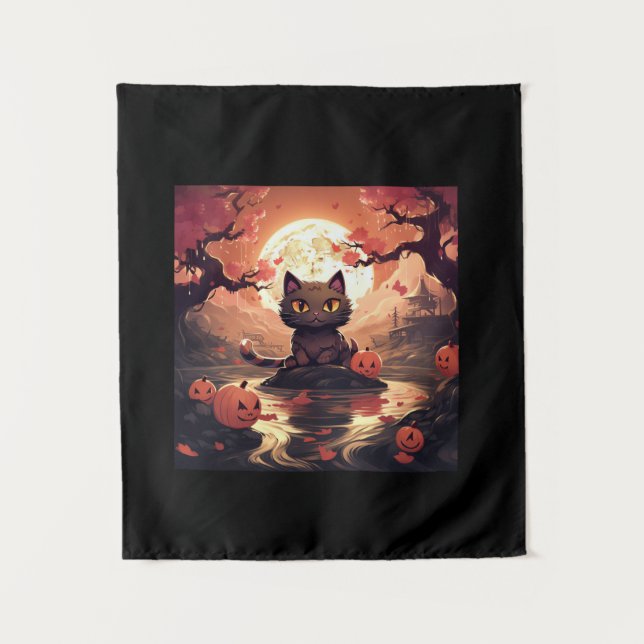 Tenture Chat noir Halloween_ Grande vague et Citrouilles (Devant)