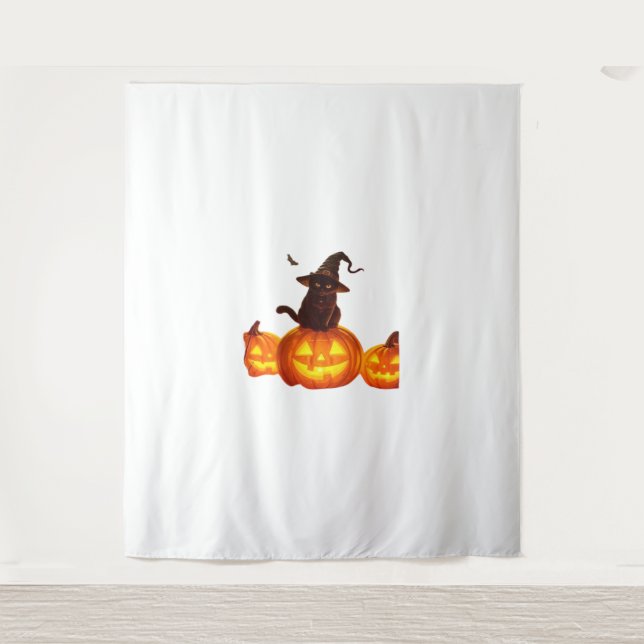 Tenture Chat noir mignon avec sorcière Casquette, chauves- (Devant)