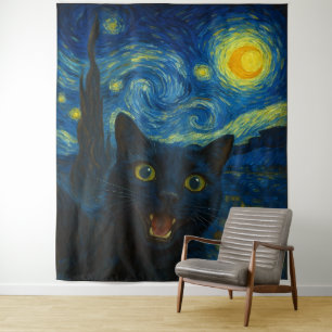Tenture Chat noir Starry Nuit Van Gogh Chat Selfie
