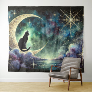 Tenture Chat noir sur croissant de lune avec ciel nocturne