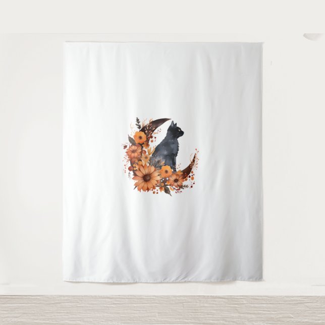 Tenture Chat Noir Sur Lune Florale Citrouille Chat Noir Ha (Devant)