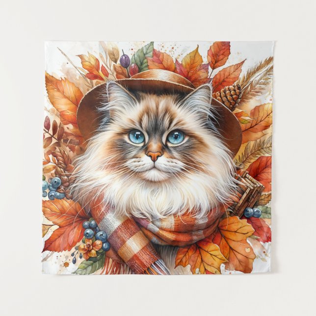 Tenture Chat Ragdoll À L'Automne Avec Écharpe (Devant)