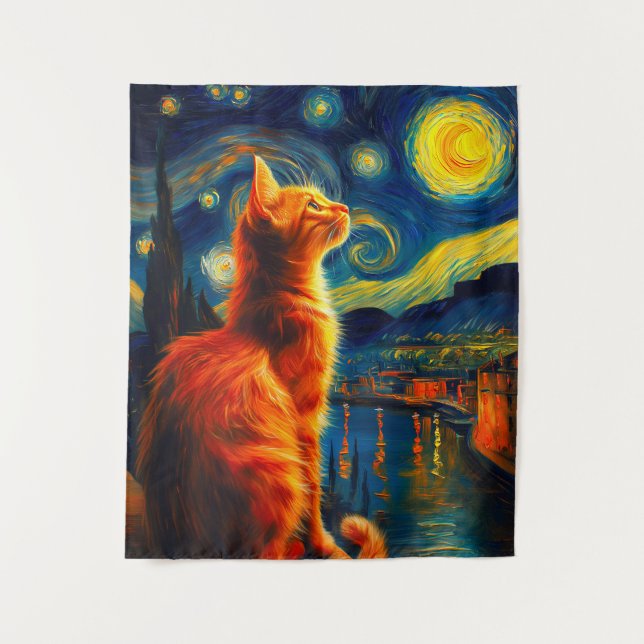 Tenture Chat roux contemplatif | Ciel nocturne étoilé (Devant)