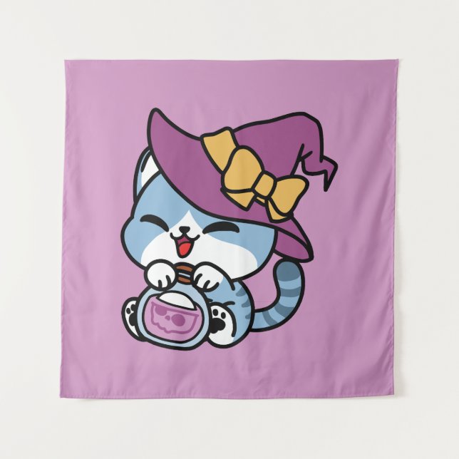 Tenture Chat Tabby d'Halloween – Chapeau de Sorcière & Pot (Devant)