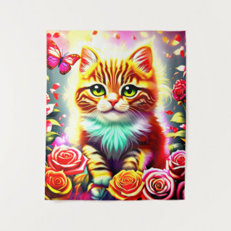 Tenture "Chat Tabby Magique avec Roses et Papillon Art Pr