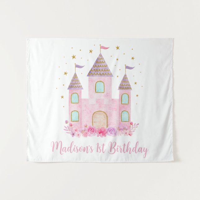 Tenture Château de Princesse en Or Rose Moderne pour Anniv (Devant (Horizontal))