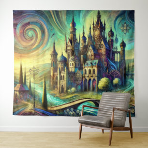 Tenture Château Fantastique avec Ciel Tourbillonnant et Ri