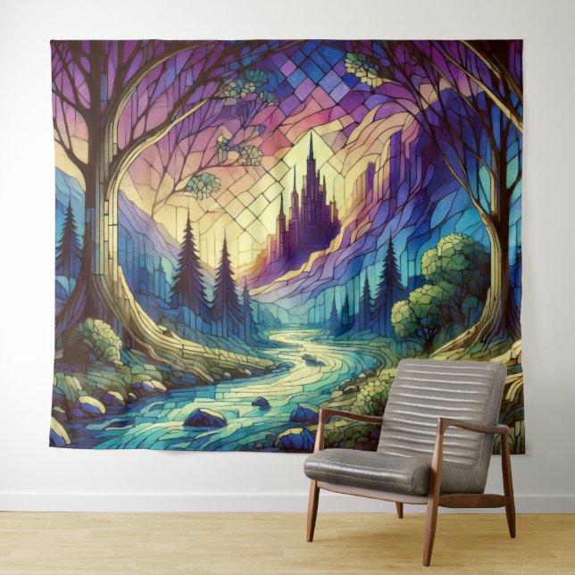 Tenture Château Fantastique avec Forêt Enchantée et Rivièr (En situation (horizontale))