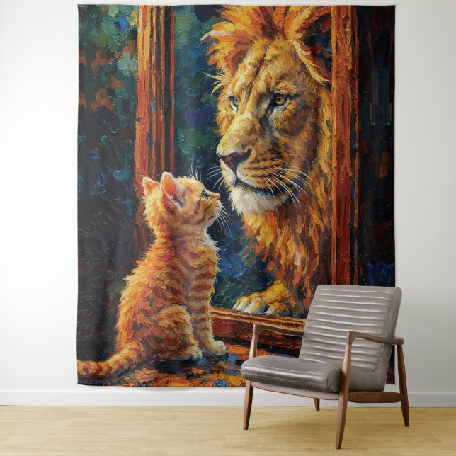 Tenture Chaton voyant le reflet de lion Motivation Impasto (En situation)