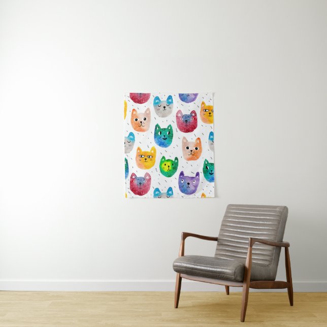 Tenture Chats aquarelles et amis (En situation)