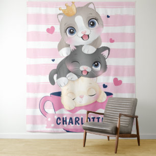 Tenture Chats de dessin animé mignons empilés rayures rose