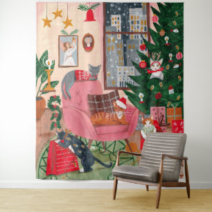 Tenture Chats mignons rétro Noël Vacances