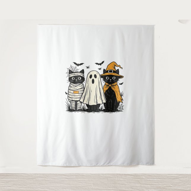 Tenture Chats noirs en costumes d'Halloween - Ghost, Witch (Devant)