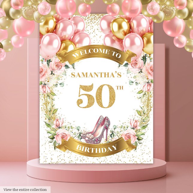 Tenture Chaussures à talons rose pailletées or pour 50e an (Classy 50th Birthday Gold Glitter Pink Heels Tapestry )