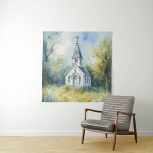 Tenture Chemin rustique d'église dans une prairie de fleur